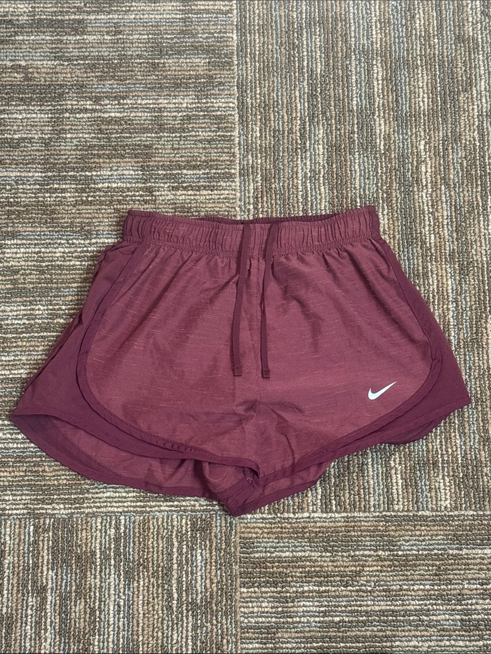 Nike Women's Burgundy Athletic Shorts with White Swoosh